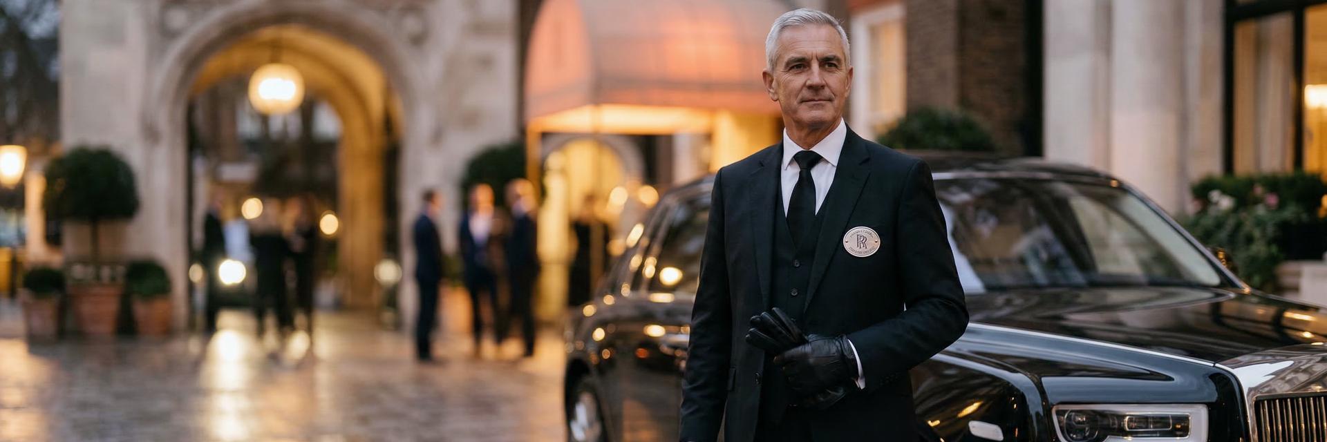 Chauffeur standing by a luxury car